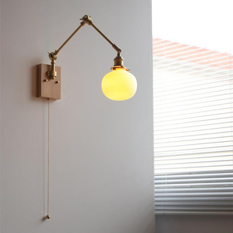 Traditional Japanese Round Wood Copper Ceramic 1-Light Wall Sconce Lamp For Living Room