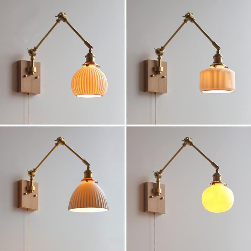 Traditional Japanese Round Wood Copper Ceramic 1-Light Wall Sconce Lamp For Living Room