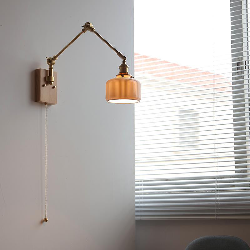 Traditional Japanese Round Wood Copper Ceramic 1-Light Wall Sconce Lamp For Living Room