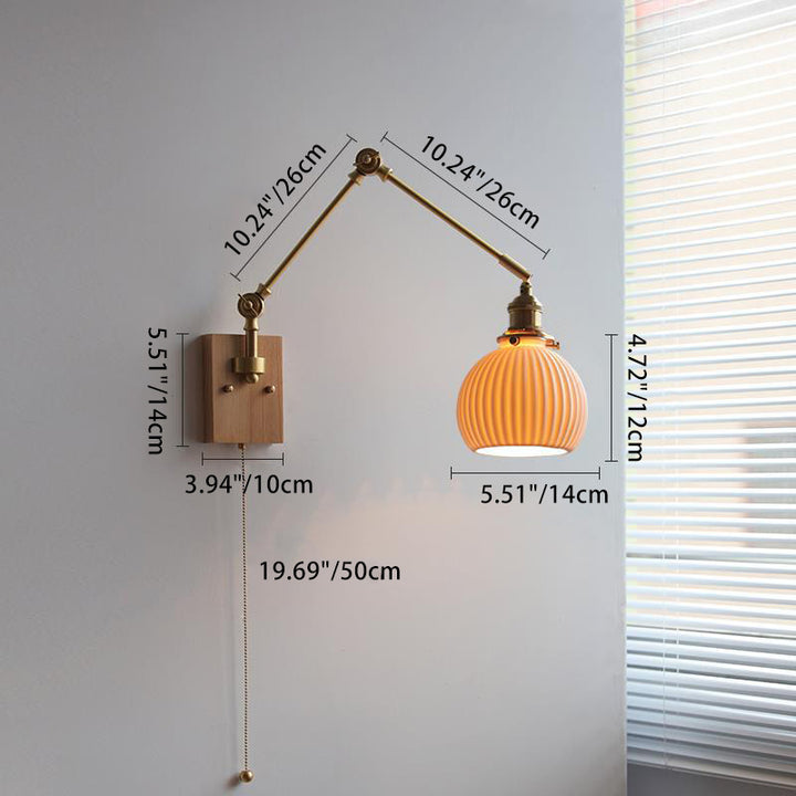 Traditionelle japanische runde Holz-Kupfer-Keramik 1-Licht-Wandleuchte für das Wohnzimmer 