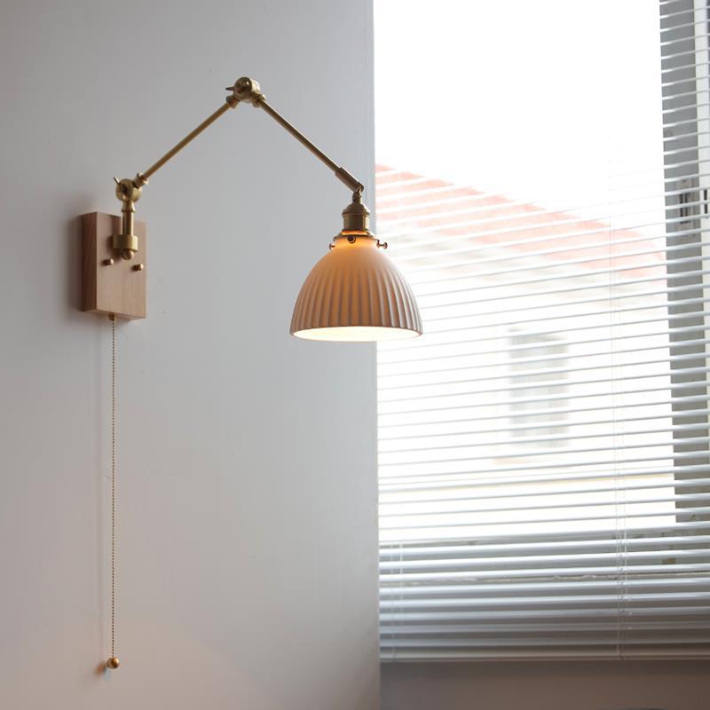 Traditional Japanese Round Wood Copper Ceramic 1-Light Wall Sconce Lamp For Living Room