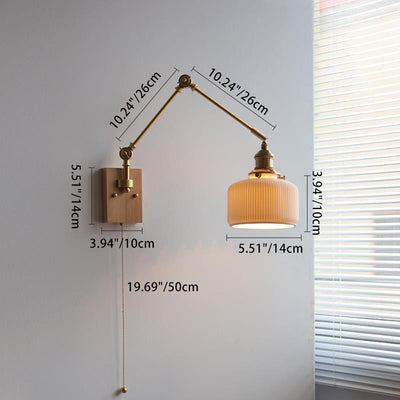 Traditional Japanese Round Wood Copper Ceramic 1-Light Wall Sconce Lamp For Living Room