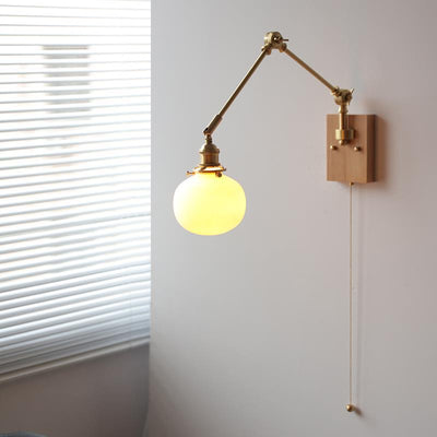 Traditional Japanese Round Wood Copper Ceramic 1-Light Wall Sconce Lamp For Living Room