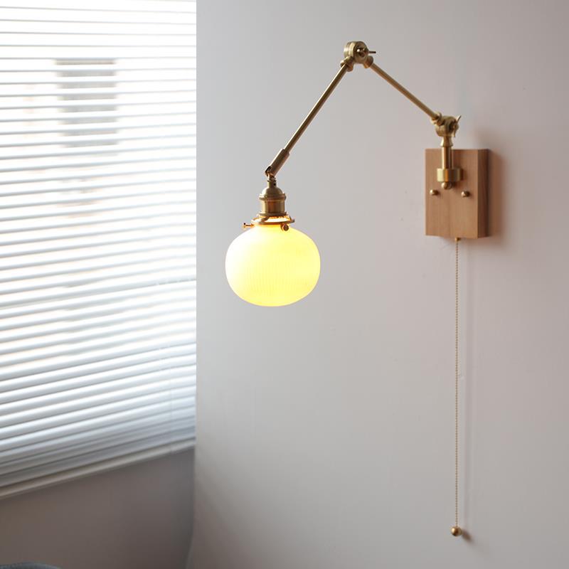 Traditional Japanese Round Wood Copper Ceramic 1-Light Wall Sconce Lamp For Living Room