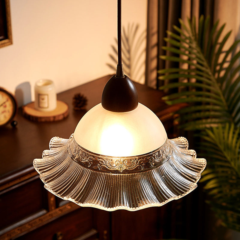 Traditional Japanese Dome Copper Rubberwood Glass 1-Light Pendant Light For Living Room