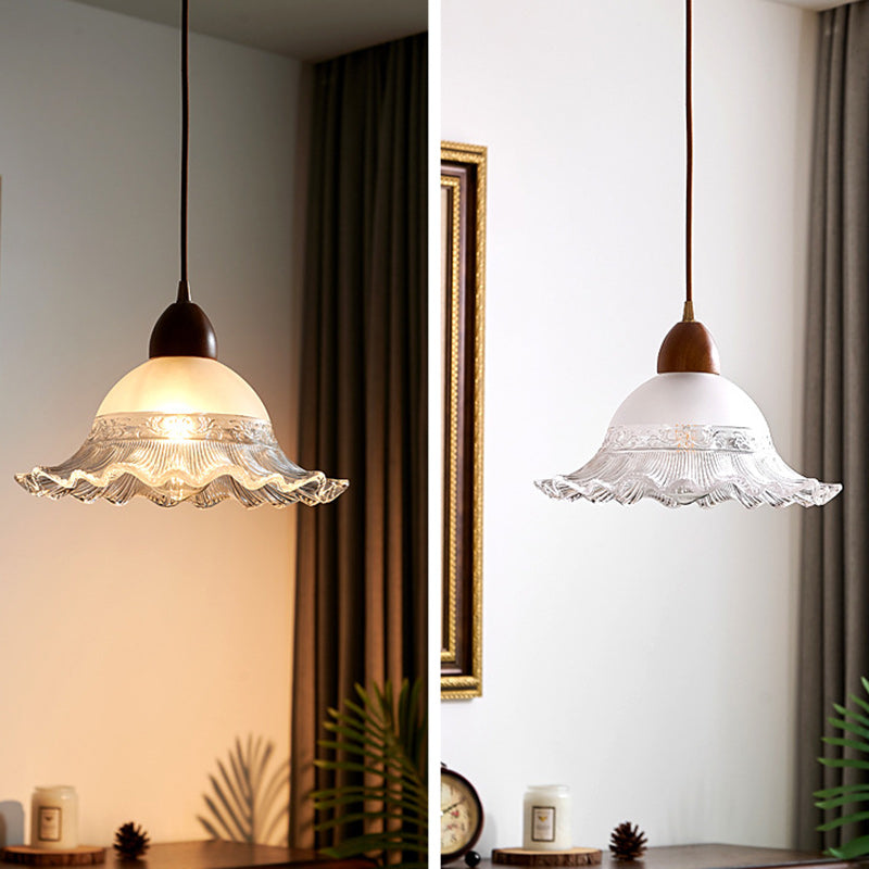 Traditional Japanese Dome Copper Wood Glass 1-Light Pendant Light For Living Room