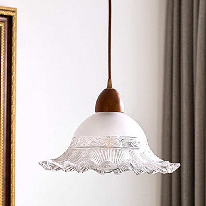 Traditional Japanese Dome Copper Rubberwood Glass 1-Light Pendant Light For Living Room