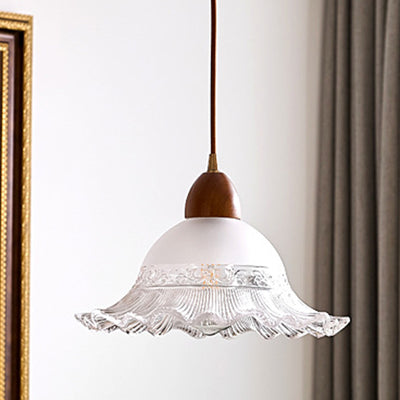 Traditional Japanese Dome Copper Wood Glass 1-Light Pendant Light For Living Room