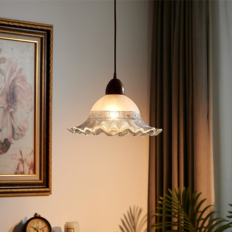 Traditional Japanese Dome Copper Wood Glass 1-Light Pendant Light For Living Room