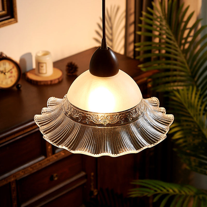 Traditional Japanese Dome Copper Rubberwood Glass 1-Light Pendant Light For Living Room