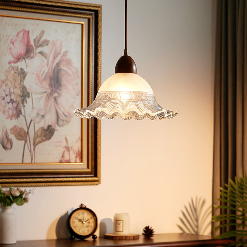 Traditional Japanese Dome Copper Rubberwood Glass 1-Light Pendant Light For Living Room