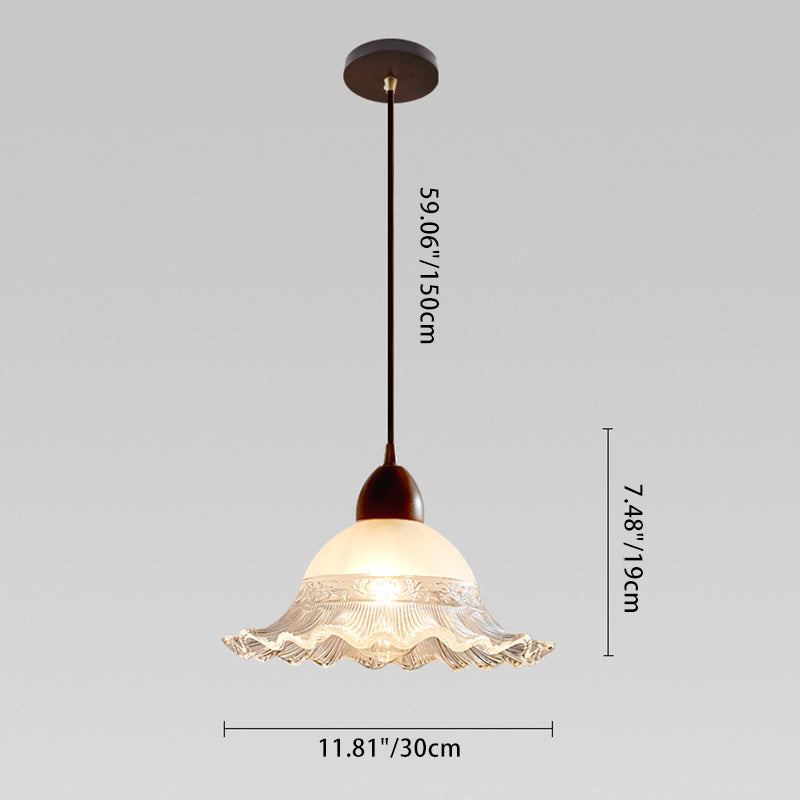 Traditional Japanese Dome Copper Rubberwood Glass 1-Light Pendant Light For Living Room