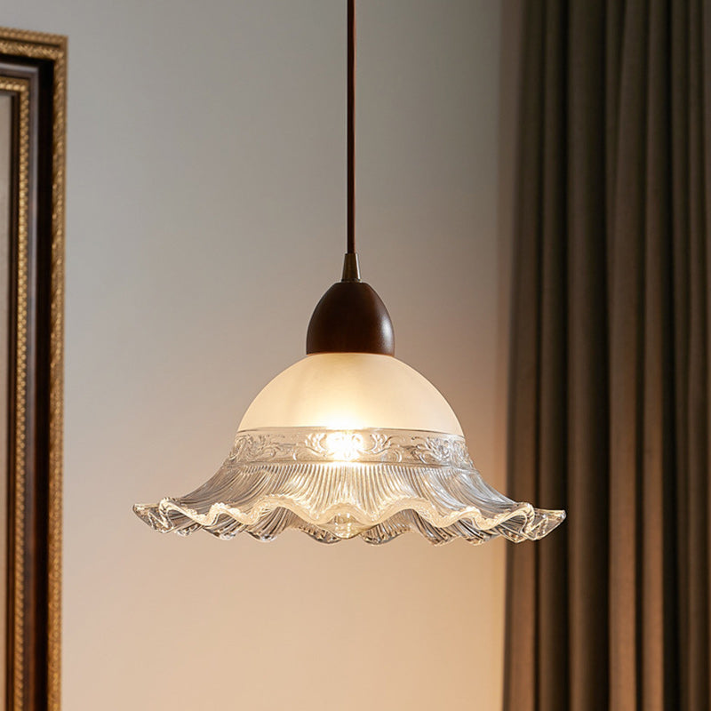 Traditional Japanese Dome Copper Wood Glass 1-Light Pendant Light For Living Room