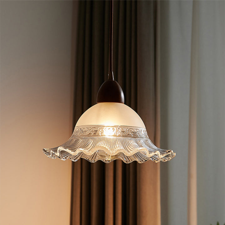 Traditional Japanese Dome Copper Rubberwood Glass 1-Light Pendant Light For Living Room