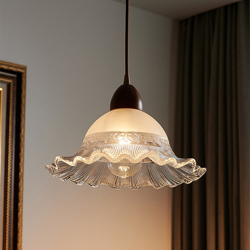 Traditional Japanese Dome Copper Rubberwood Glass 1-Light Pendant Light For Living Room