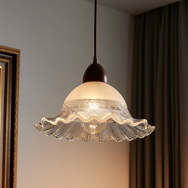 Traditional Japanese Dome Copper Rubberwood Glass 1-Light Pendant Light For Living Room