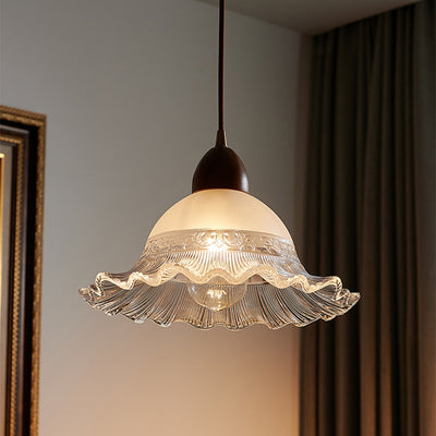 Traditional Japanese Dome Copper Wood Glass 1-Light Pendant Light For Living Room