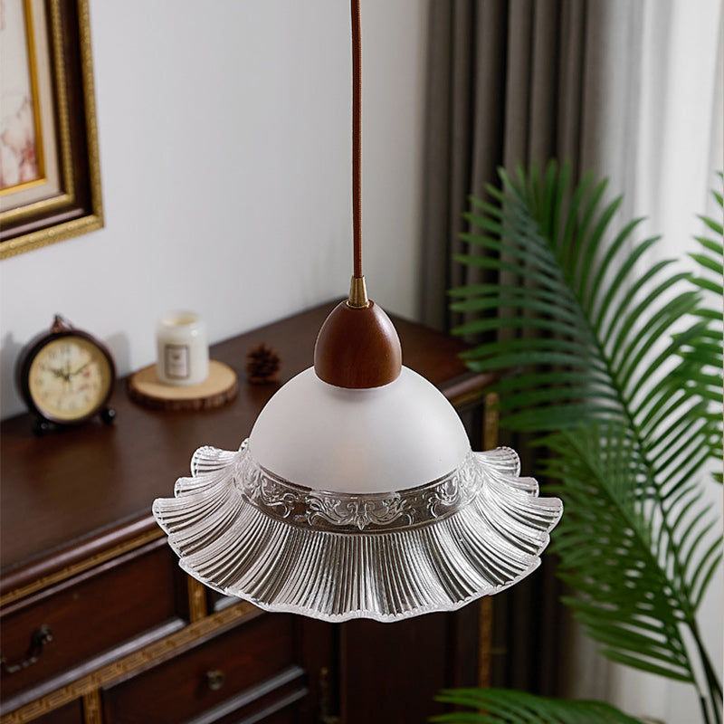 Traditional Japanese Dome Copper Rubberwood Glass 1-Light Pendant Light For Living Room