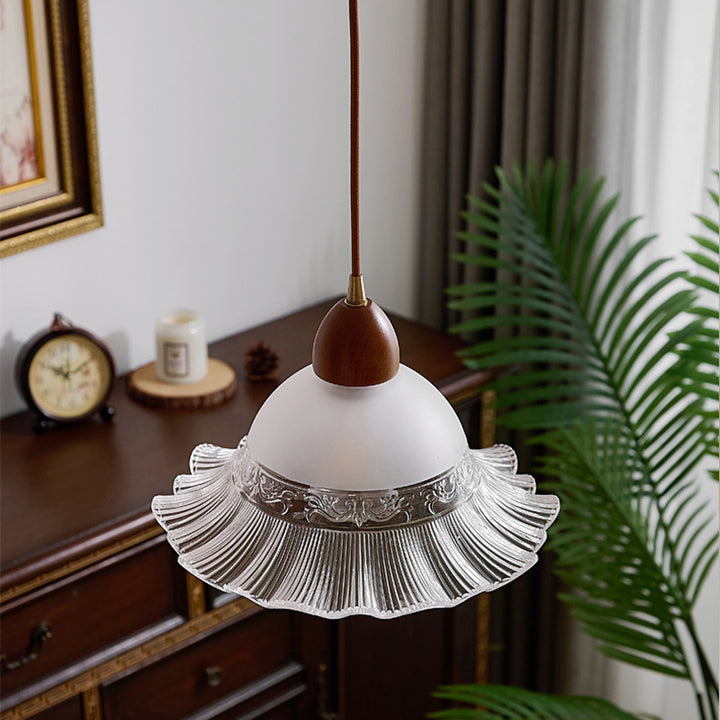 Traditional Japanese Dome Copper Rubberwood Glass 1-Light Pendant Light For Living Room