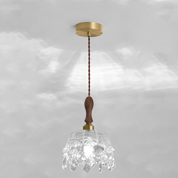 Lámpara colgante de 1 luz de cobre con forma de lágrima tradicional francesa de madera y vidrio para sala de estar 