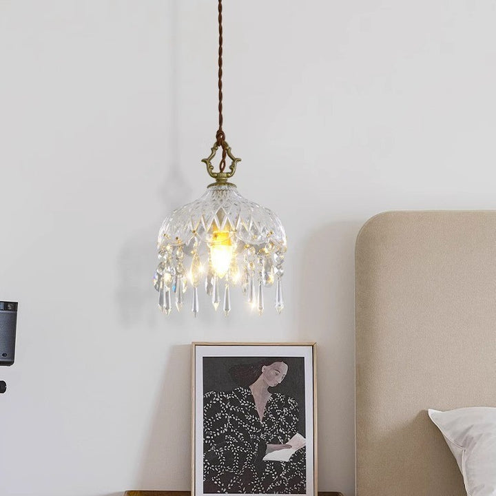 Lámpara colgante de 1 luz de cobre con forma de lágrima tradicional francesa de madera y vidrio para sala de estar 