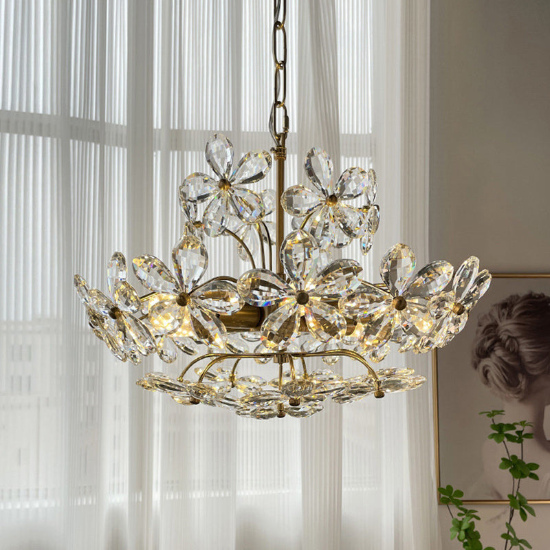 Lustre en cristal de fer à fleurs de luxe contemporain à 6 lumières pour le salon 