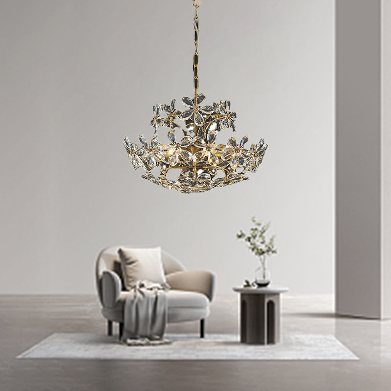 Lustre en cristal de fer à fleurs de luxe contemporain à 6 lumières pour le salon 