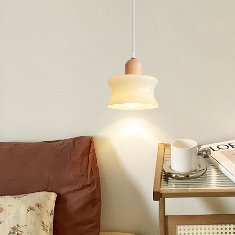 Contemporary Nordic Round Wood Glass 1-Light Pendant Light For Living Room