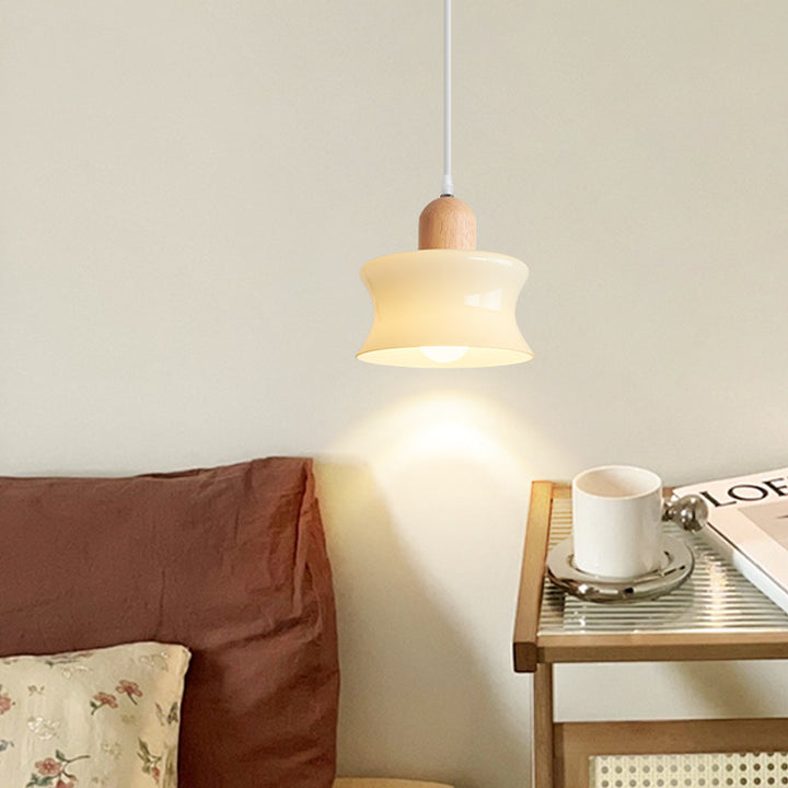 Contemporary Nordic Round Wood Glass 1-Light Pendant Light For Living Room