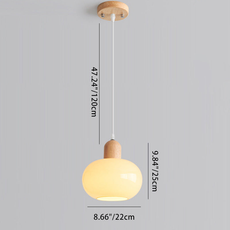 Contemporary Nordic Round Wood Glass 1-Light Pendant Light For Living Room