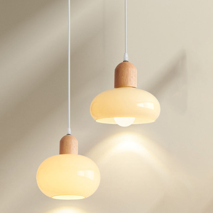 Contemporary Nordic Round Wood Glass 1-Light Pendant Light For Living Room