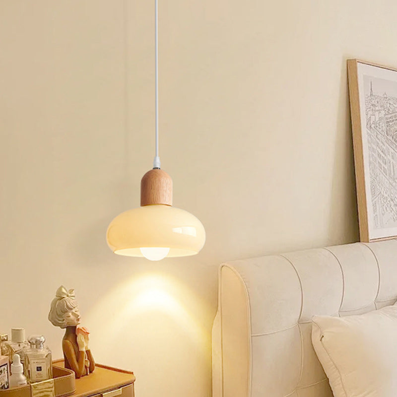 Contemporary Nordic Round Wood Glass 1-Light Pendant Light For Living Room