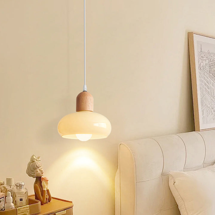Contemporary Nordic Round Wood Glass 1-Light Pendant Light For Living Room
