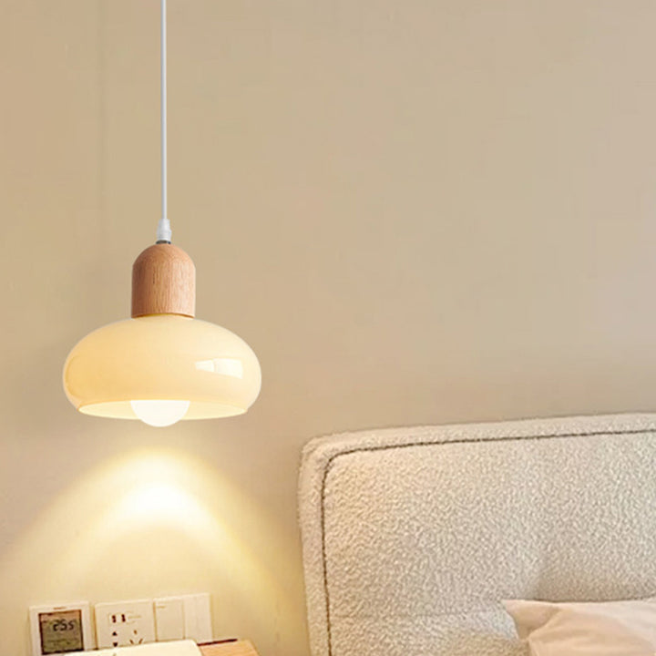 Contemporary Nordic Round Wood Glass 1-Light Pendant Light For Living Room