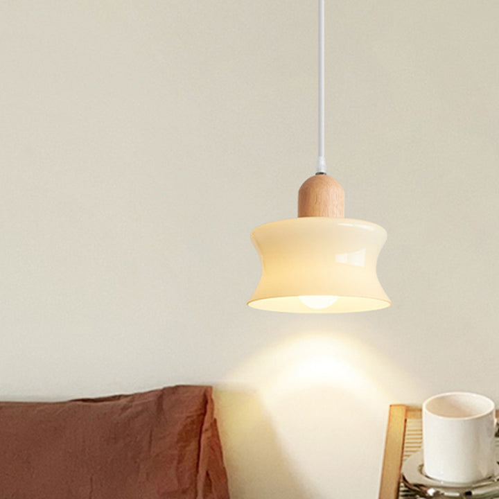 Contemporary Nordic Round Wood Glass 1-Light Pendant Light For Living Room