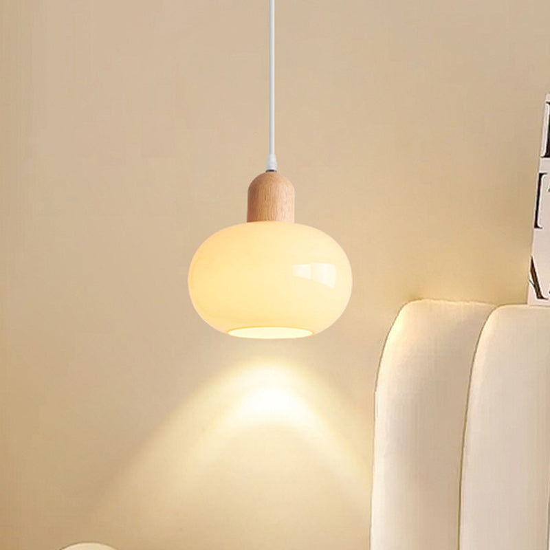 Contemporary Nordic Round Wood Glass 1-Light Pendant Light For Living Room
