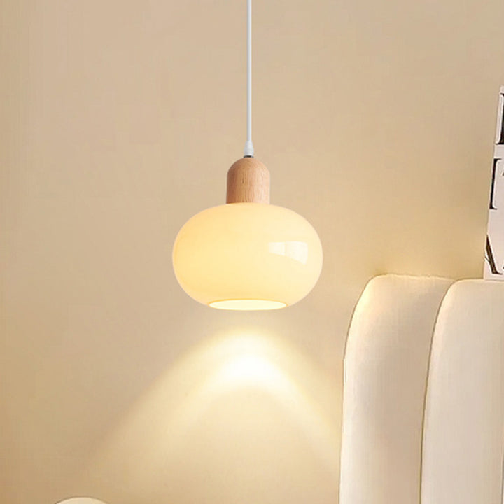 Contemporary Nordic Round Wood Glass 1-Light Pendant Light For Living Room