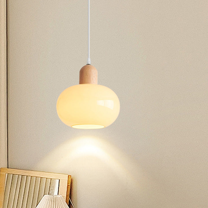 Contemporary Nordic Round Wood Glass 1-Light Pendant Light For Living Room