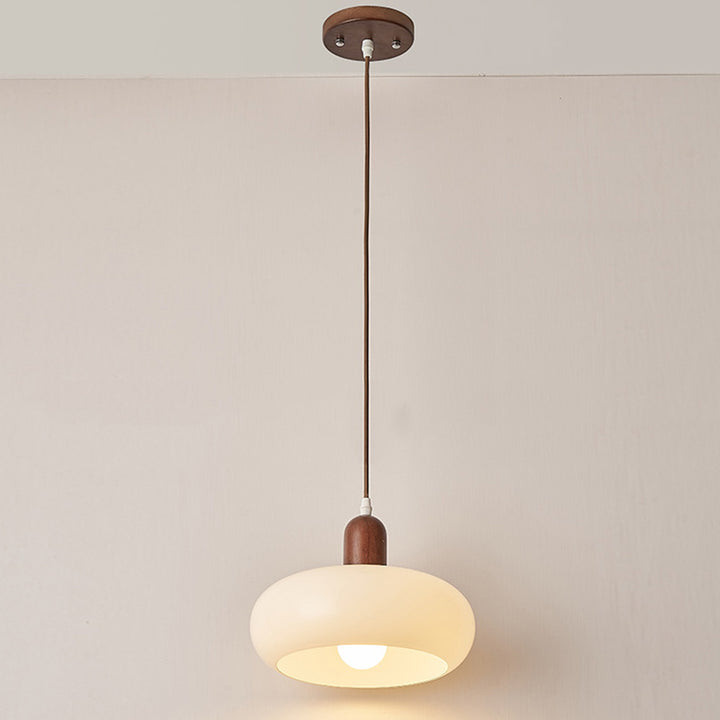 Contemporary Nordic Round Rubberwood Glass 1-Light Pendant Light For Living Room