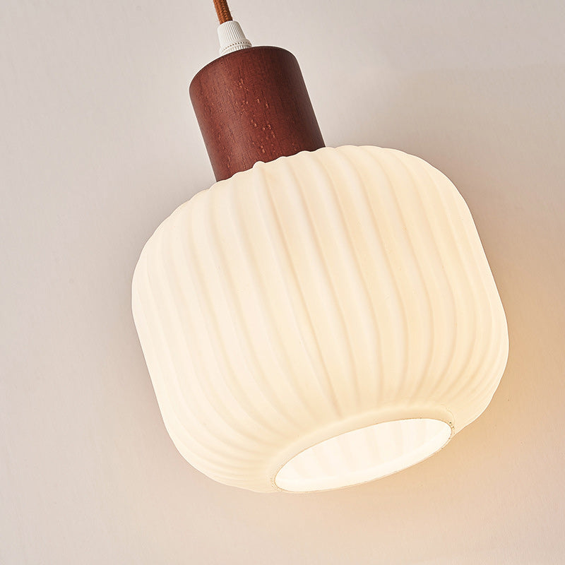 Contemporary Nordic Round Rubberwood Glass 1-Light Pendant Light For Living Room