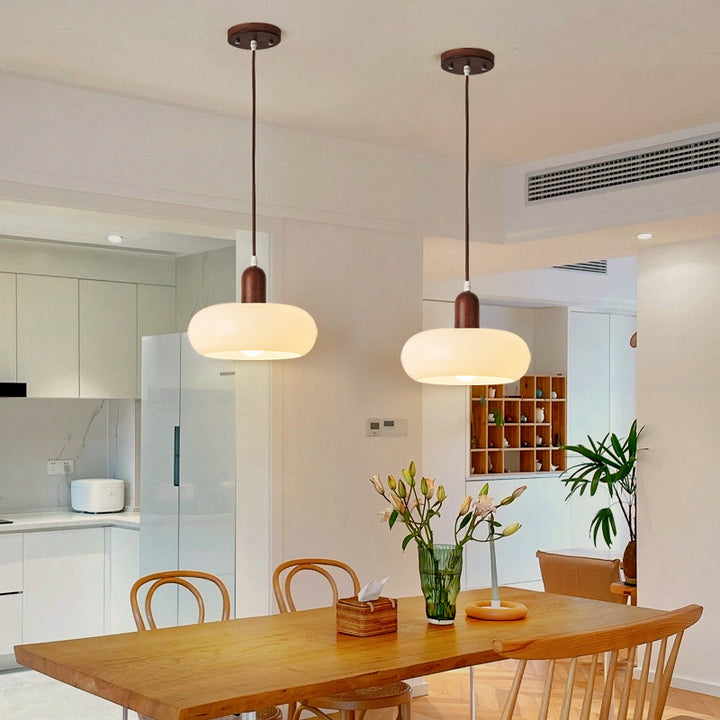 Contemporary Nordic Round Rubberwood Glass 1-Light Pendant Light For Living Room