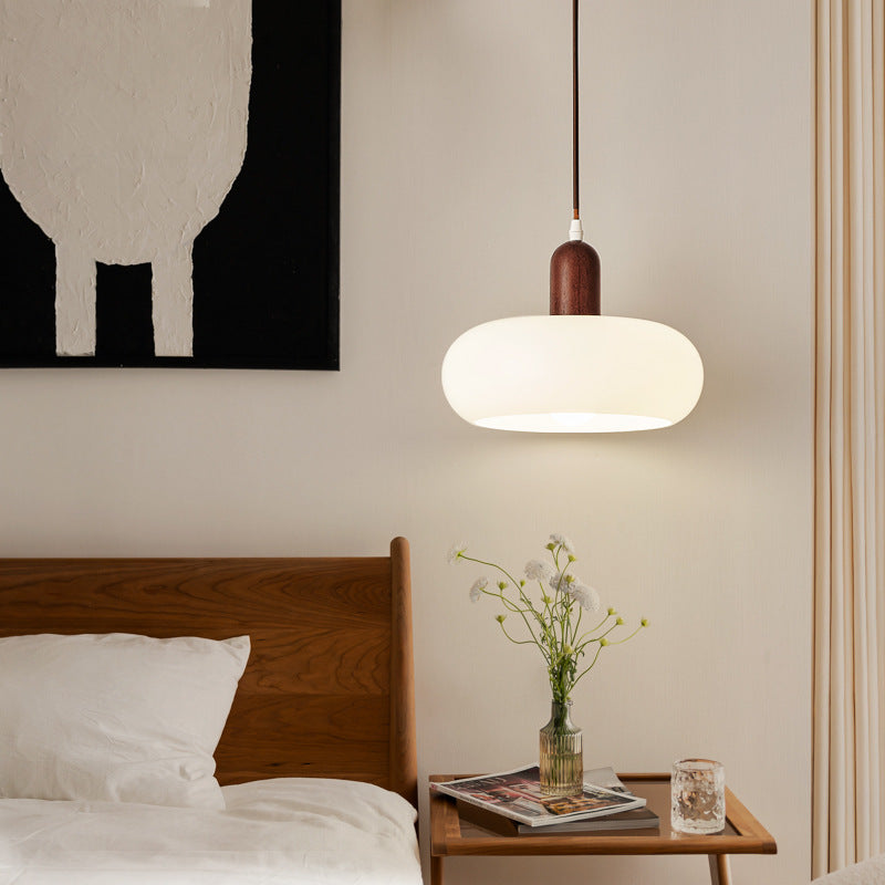 Contemporary Nordic Round Rubberwood Glass 1-Light Pendant Light For Living Room