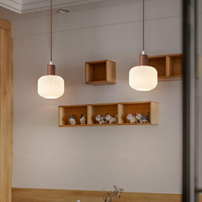 Contemporary Nordic Round Rubberwood Glass 1-Light Pendant Light For Living Room