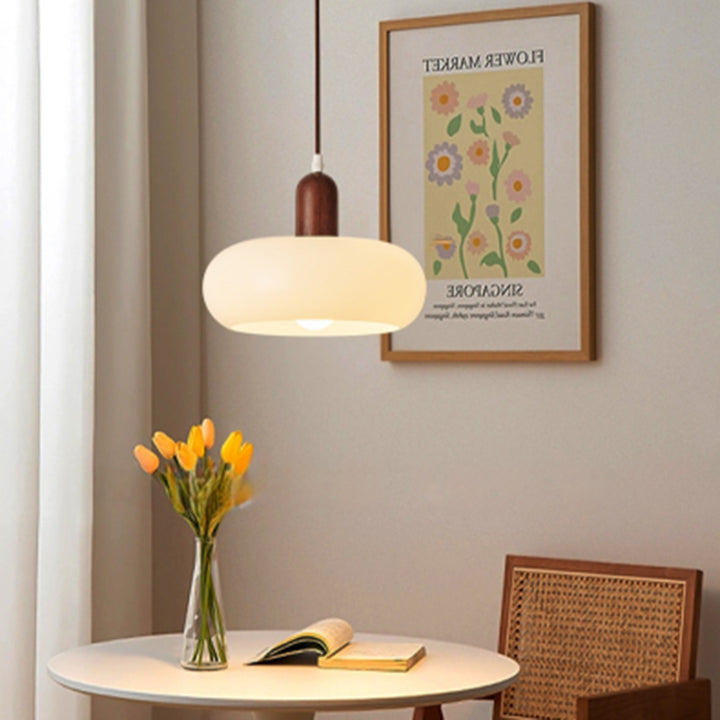 Contemporary Nordic Round Rubberwood Glass 1-Light Pendant Light For Living Room