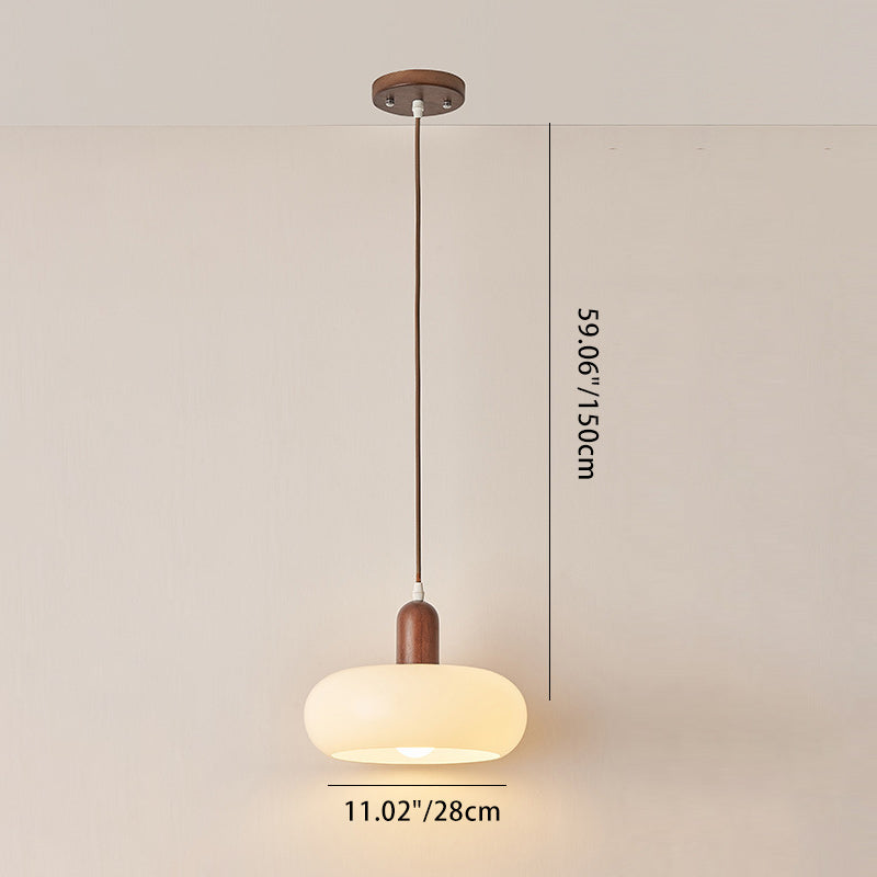 Contemporary Nordic Round Rubberwood Glass 1-Light Pendant Light For Living Room