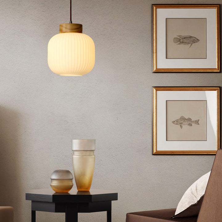 Suspension ovale en bois et verre à 1 lumière de style japonais traditionnel pour salon 