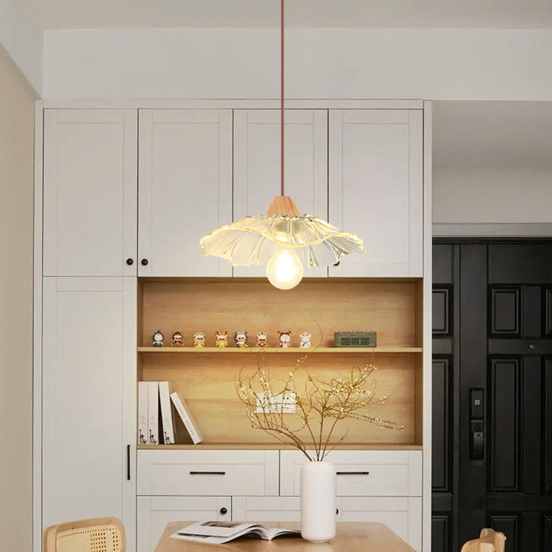 Suspension Luminaire à 1 Lumière en Verre Rond en Bois Chinois Traditionnel pour Salon 
