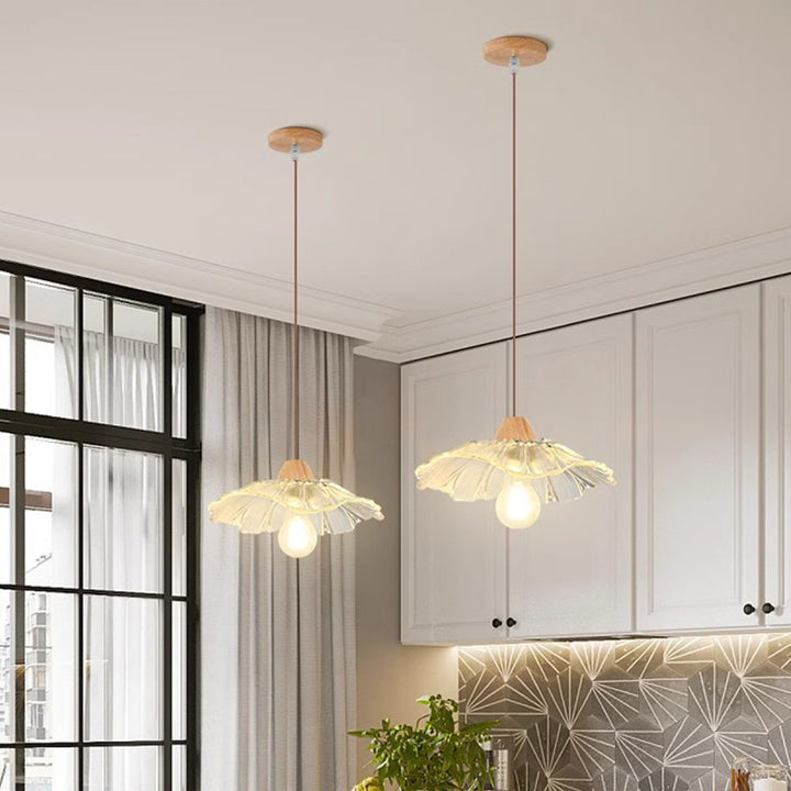 Suspension Luminaire à 1 Lumière en Verre Rond en Bois Chinois Traditionnel pour Salon 