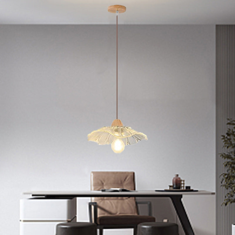Suspension Luminaire à 1 Lumière en Verre Rond en Bois Chinois Traditionnel pour Salon 