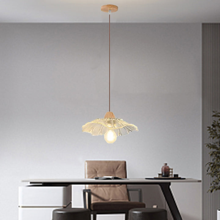 Suspension Luminaire à 1 Lumière en Verre Rond en Bois Chinois Traditionnel pour Salon 